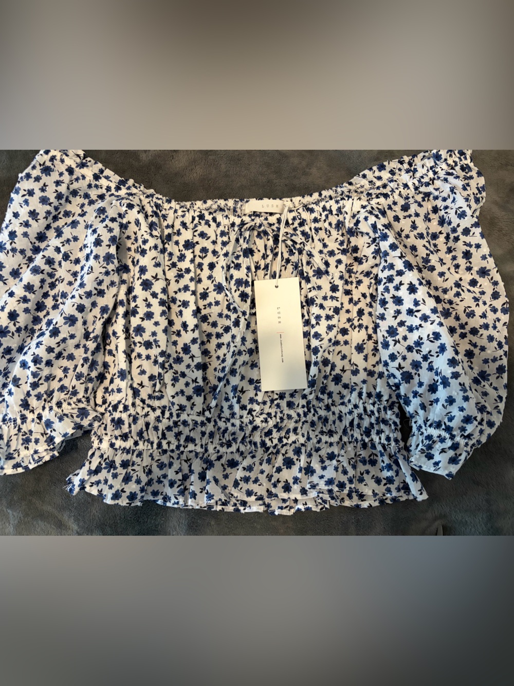 Lush White Off-Shoulder Top with Navy Floral Print